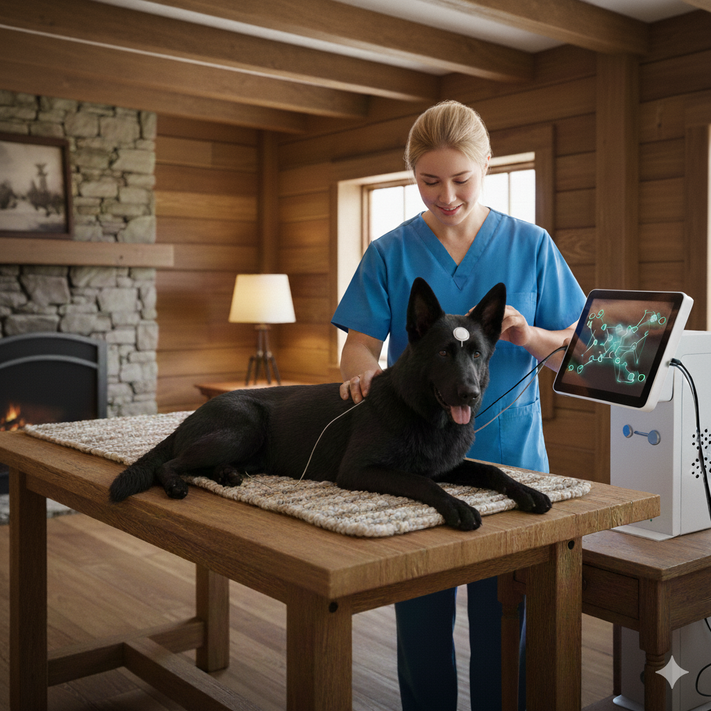 Stanza allestita dove una pastore tedesco viene trattato con dispositivi di biorisonanza