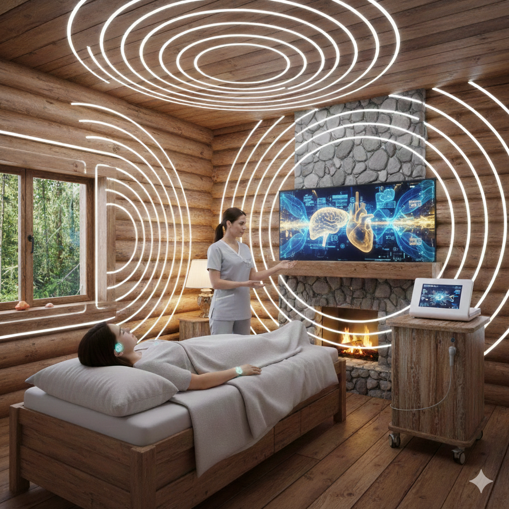 Stanza allestita dove una persona viene trattata con dispositivi di biorisonanza